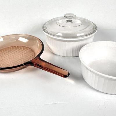 Lot #101 Vintage Cookware Amber Glass Visions Skillet & Corningware French White Casseroles

