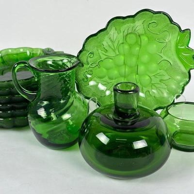 Lot #123 Vintage Emerald Green Glass Lot: Vases and Plates 
