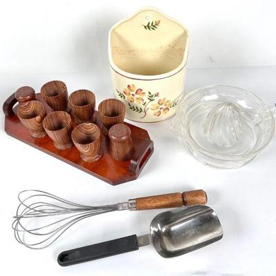 Lot #112 Vintage Wooden Egg Holder, Juicer, Wall Mount Utensil Holder, Whisk & Scoop 
