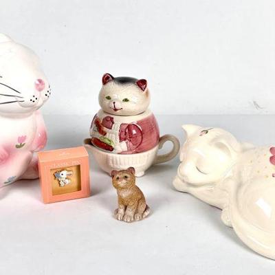 Lot #126 Vintage Ceramic Bunny Planter, Sleeping Cat, Ron Gordon Kitty Teapot, Tabby Figurine & Easter Bunny Pin
