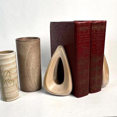 Lot #47 Assorted Ceramic Vases & Two Abstract Triangular Bookend/Sculptures with Webster's Dictionaries
