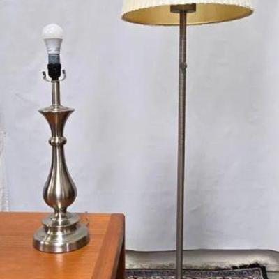 Lot #109 Vintage Brushed Steel Table Lamp & Brushed Metal Floor Lamp with White Lampshade
