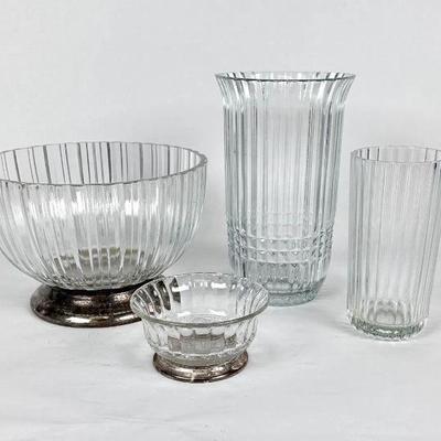Lot #73 Godinger Crystal & Silverplated Bowl & Assorted Ribbed Vases
