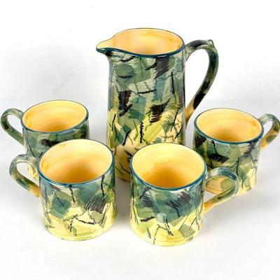 Lot #122 Suzanne Katkhuda Ceramic Art Pitcher w 4 Cups 
