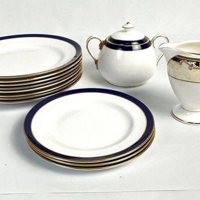 Lot #19 Vintage Spode Consul Cobalt Bone China Salad (8), Bread (3), Sugar Bowl & Wedgewood Cornucopia Creamer
