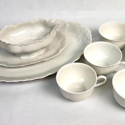 Lot #57 Vintage Hutschenreuther Bavaria White China Cups & Serving Platter and a MZ Hapsburg China Gravy Boat
