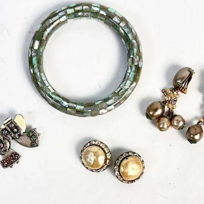 Lot #75 Vintage Clip Earrings, Brooch & Abalone Bangle
