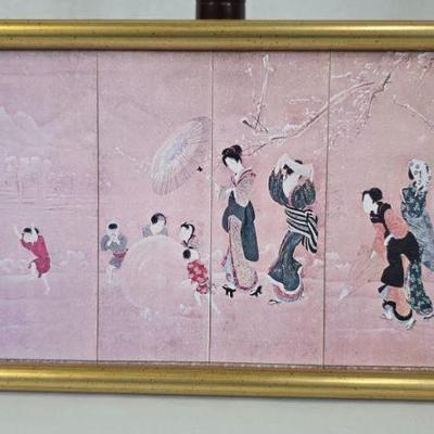 Lot #65 Vintage 6-Panel Japanese Artwork of Women and Children in the Snow
