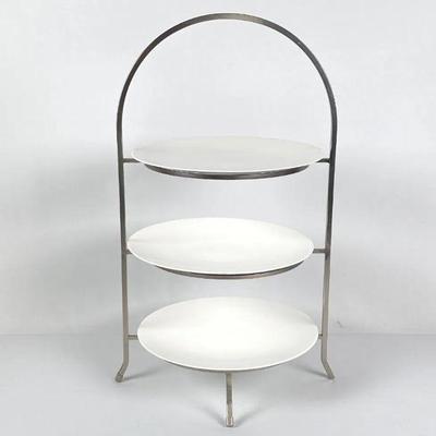 Lot #125 Crate and Barrel 3 Tiered Serving Ceramic Plate with Metal Stand
