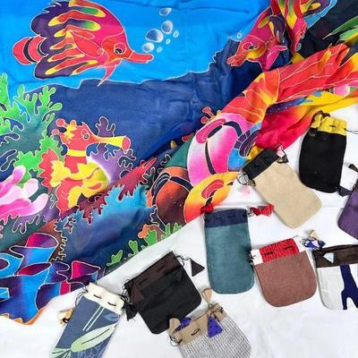 Lot #51 Vintage Tropical Silk Wrap and Hand Crafted Jewelry Pouch Purses
