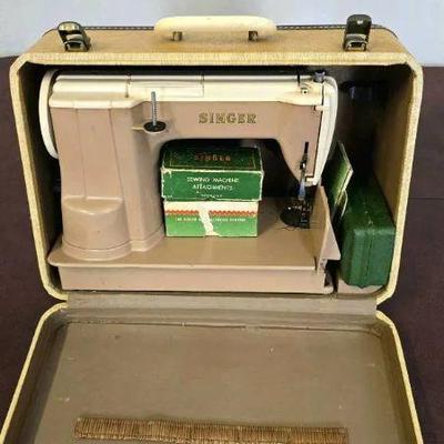 Lot #2 1950's Vintage Singer Sewing Machine 301A Long Board With Automatic Zig Zagger & Carrying Case - Turns on, Untested
