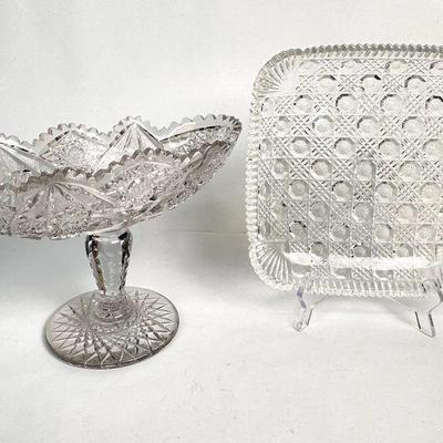 Lot #53 Antique Richards & Hartley Mikado Daisy, Button, and Crossbars Square Tray & Crystal Compote 
