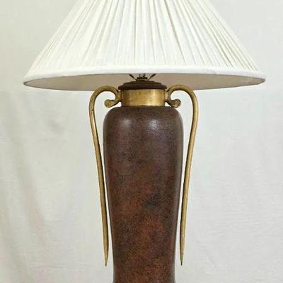 Lot #44 Vintage Rust-Brown Ceramic Lamp with Gold Metal Handles, Finial, and Accents - Faux Marble Black and Grey Finish
