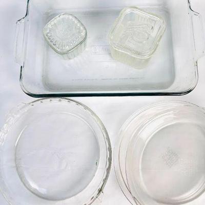 Lot #66 Vintage Anchor Hocking Lasagna Dish, Pyrex Pie Dishes, and EAPG Storage Containers
