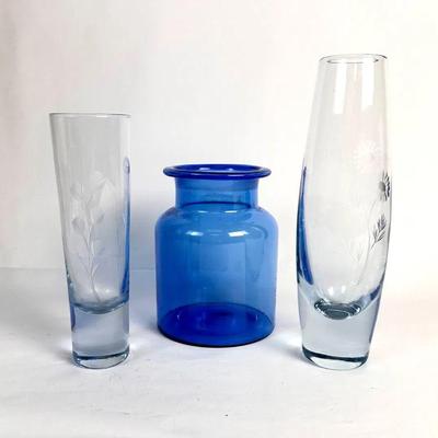 Lot #76 Blue Etched Vases & Cobalt Blue Jar

