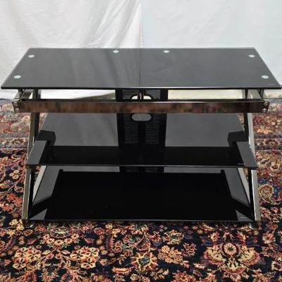 Lot #105 Chrome & Black Glass TV Stand - Tempered Glass, Excellent Condition
