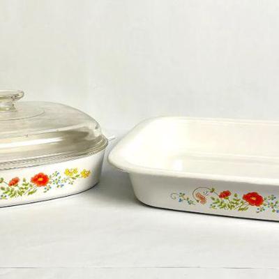 Lot #7 Vintage Corning Ware Wildflower A-21 Roaster/Lasagna & A-10-B Casserole Dish with Pyrex Lid
