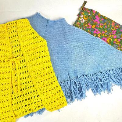 Lot #11 Vintage 1970s Clothing Knit Vest, Poncho and Cotton Smock
