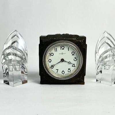 Lot #20 Antique Metal Desk Clock Seikosha Japan (Not Working) & Mikasa Art Deco Candlestick Holders
