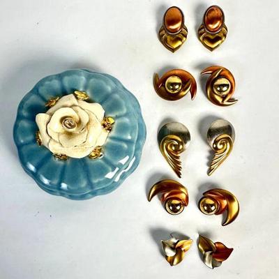 Lot #15 Vintage Porcelain Floral Bowl with Lid & Pierced Earrings 
