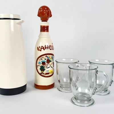 Lot #130 Vintage Ceramic Kahlua Bottle, Thermos & Glass Mugs
