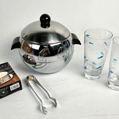 Lot #28 West Bend Penguin Ice Bucket, Cynthia Rowley Etched Fish Highball Tumblers, Coasters & Tongs
