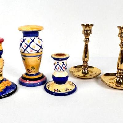 Lot #38 Vintage Copper Craft Brass Candlestick Holder Set and 3 Bella Casa by Ganz Handpainted Ceramic Candle Holders
