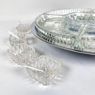 Lot #80 Vintage Kromex Lazy Susan Appetizer Tray & Four Antique 2" Square Cut Crystal Salt Cellars with Spoons