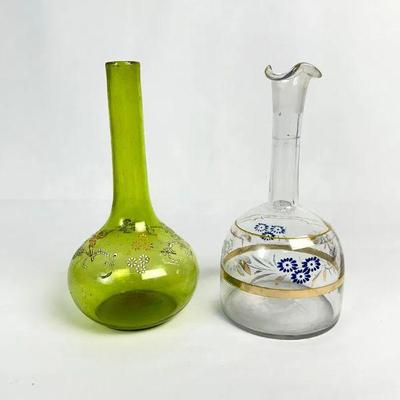 Lot #16 Antique Green Barber Bottle with Enamel Flowers & Vintage Clear Decanter with Blue Enamel Flowers and Gold Accents
