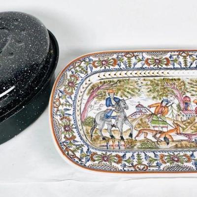 Lot #118 Large Handpainted Serving Platter/Wall Decor by Ceramica Conimbrigia Portugal & Enameled Steel Roasting Pan with Lid
