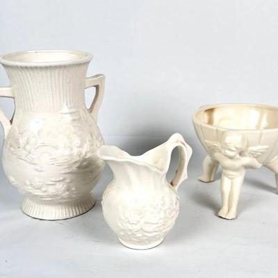 Lot #97 Vintage Scioto White Ceramic Cherubs Angels 3 Footed Planter Vase and 2 Ceramic White Vases
