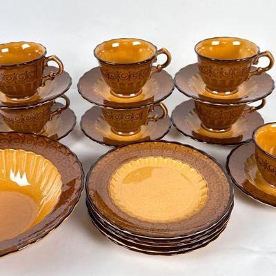 Lot #127 Metlox Vernonware Cups with Saucers, Plates & Serving Bowl
