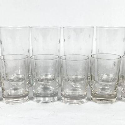 Lot #86 Vintage Etched Atomic Starburst Glasses - 6 large, 6 small - Mid Century Barware
