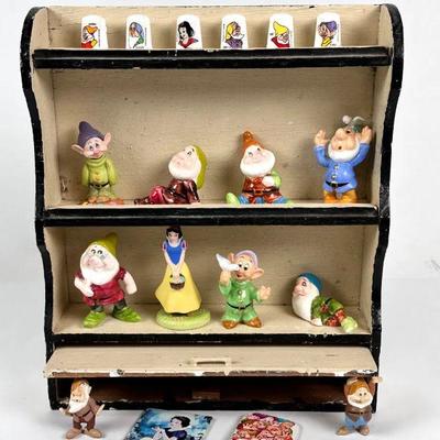 Lot #88 Vintage Disney Collectible Snow White Figurines & Thimbles, and a Vintage Wood Shelf

