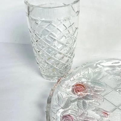 Lot #13 Vintage Block Crystal Vase & Round Embossed Roses Platter