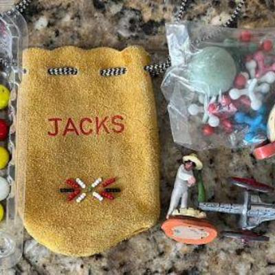 Vintage Toys And Trinkets - Marbles And Jacks, Metal Cannon, Figurines, And More