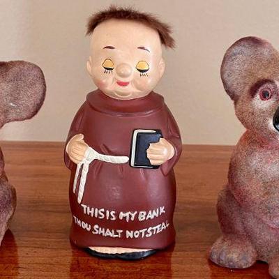 (3) Vintage Banks - Two Flocked Fuzzy Koala's And An Apco Japan Pottery Monk 