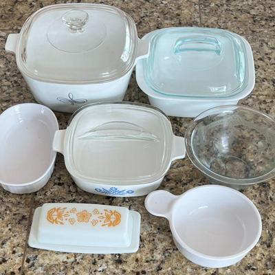 Assorted Pyrex, Corning Ware, And Corelle Ware - Casseroles, Butter Dish, Bowl, And More