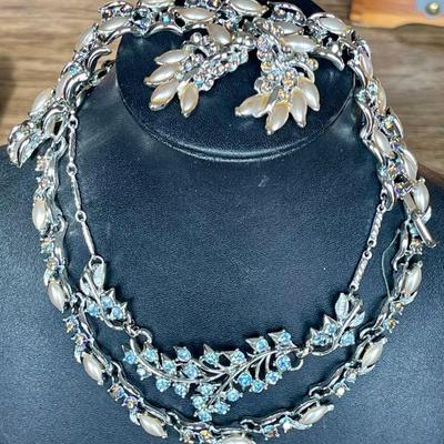 Vintage Thermo Set BSK Earrings, Bracelet , 14" Necklace And Blue Rhinestone Necklace