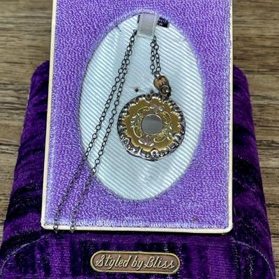 Vintage Purple Crushed Velvet Styled By Bliss Jewelry Box With A Sterling Silver Chain With Gold Tone Locket 