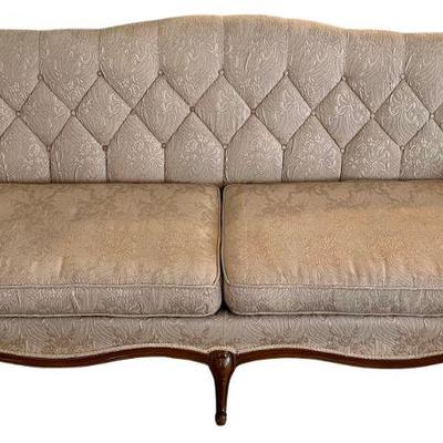 Vintage French Provincial Tufted Upholstered 2 Cushion Couch With Wood Trim