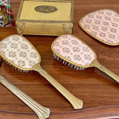 (2) Sets Of MCM Brush And Hand Mirror Sets Pink & Gold And Gold Tone Music Box (as Is) & Macleod Perfume