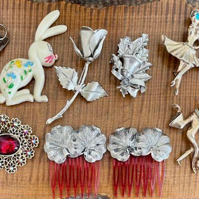 Vintage Pins And Combs - Celluloid Rabbit, Silver Filigree, Leaves, Roses, And More