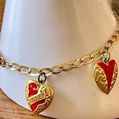 Vintage Forget Me Not Gold Wash Sterling Silver Heart With Red Enamel 7 Inch Bracelet 