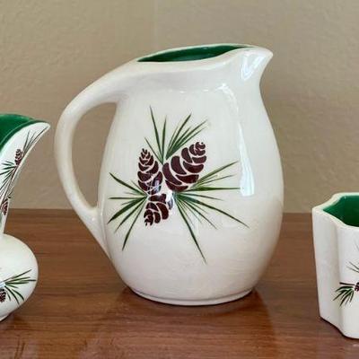(3) Pieces Of Leecraft Pottery Of Loveland, CO, Pinecone Decor Cream & Sugar And Pitcher 