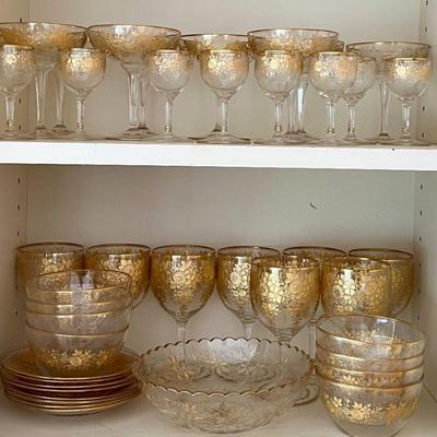 Set Of Moser Austrian Hand Blown Crystal Stemware Glasses And Dishes With Raised Gold Motif