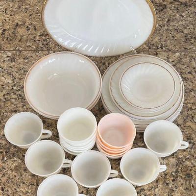 Vintage Fire-king Ovenware, Bowls, Serving Platter, Plates, Cups And Saucers, And Custard Cups (as Is)