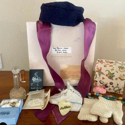 Antique Children's Lot - Hand Made Hat Satin Ribbon, Gold Tone Diaper Pins, Booties, Mop Pin, And More