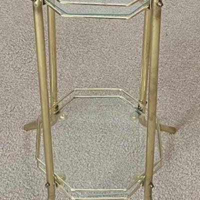 Vintage Brass Octagonal 2 Tier Plant Stand With Glass Shelves