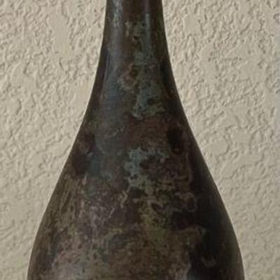 Vintage 9" Solid Patina Copper Vase With Wood Base